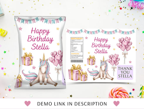 Editable Unicorn Chip Bag Wrapper Labels, Unicorn Bag Wrapper Labels, Unicorn Chip Bag Wrapper Labels, Digital Download