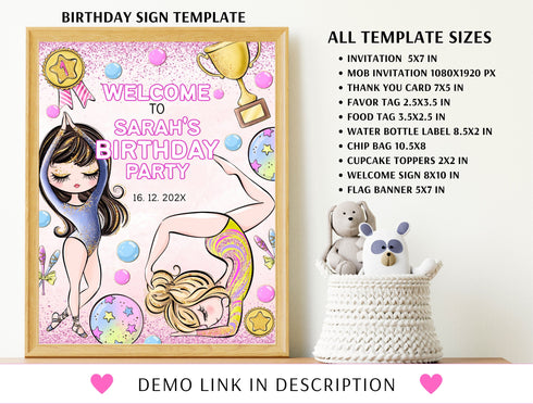 Editable Gymnastics Birthday Bundle, Diy Gymnastic Party Printable, Invitation, Thank You Card, Welcome Sign, Diy Edit Corjl