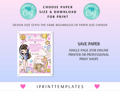 Gymnastics Birthday Welcome Sign, Editable Gymnastics Party Welcome Poster Banner Template, Girl Gymnasts Birthday Decoration Printable