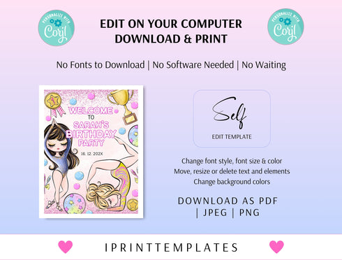 Gymnastics Birthday Welcome Sign, Editable Gymnastics Party Welcome Poster Banner Template, Girl Gymnasts Birthday Decoration Printable