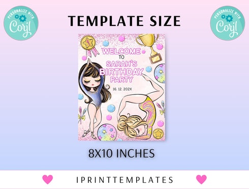 Gymnastics Birthday Welcome Sign, Editable Gymnastics Party Welcome Poster Banner Template, Girl Gymnasts Birthday Decoration Printable