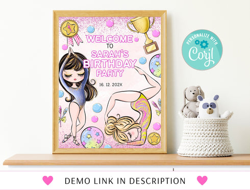 Gymnastics Birthday Welcome Sign, Editable Gymnastics Party Welcome Poster Banner Template, Girl Gymnasts Birthday Decoration Printable