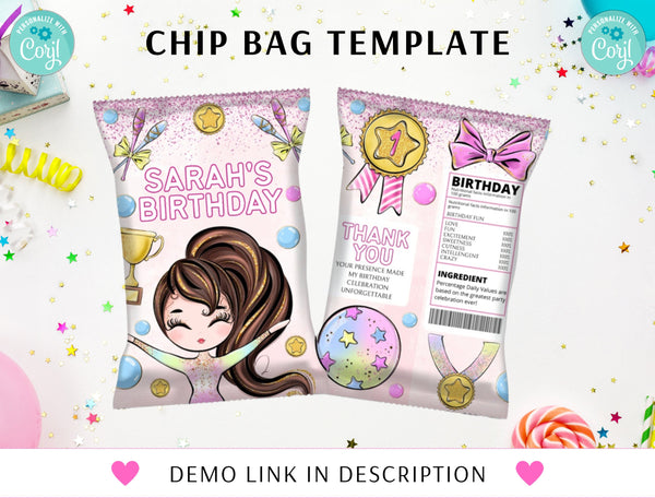 Gymnastics Chip Bag Label Template, Editable Chips Wrapper, Party Favor, Girl Gymnast Birthday Party, Gymnastics, Instant Download