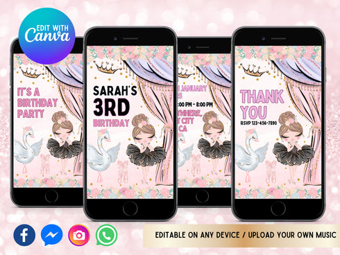 Custom Ballerina Animated Video Birthday Invitation, Ballet Dancer Video Invitation, Editable Invite, Ballerina Party, Any Age