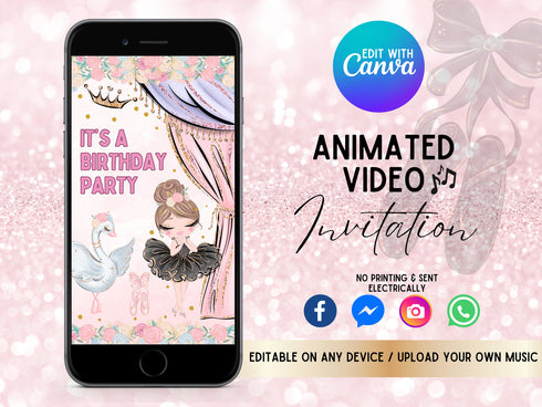 Custom Ballerina Animated Video Birthday Invitation, Ballet Dancer Video Invitation, Editable Invite, Ballerina Party, Any Age