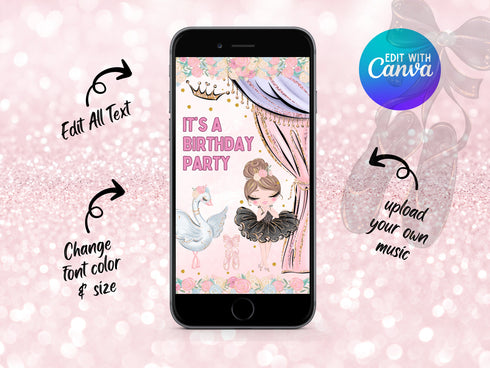 Custom Ballerina Animated Video Birthday Invitation, Ballet Dancer Video Invitation, Editable Invite, Ballerina Party, Any Age