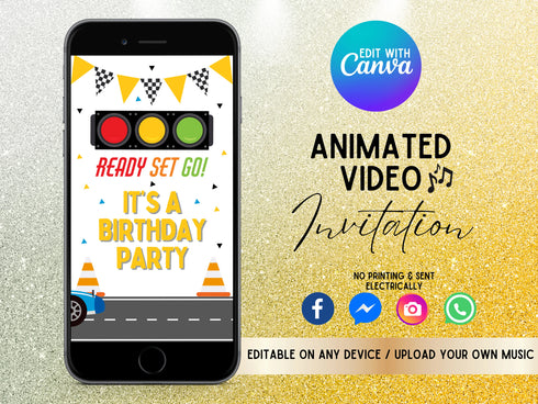 Car Race Birthday Video Invitation, Digital Cars Birthday Party, Animated Race Car Mobile Invite, Instant Download Race Cars Template