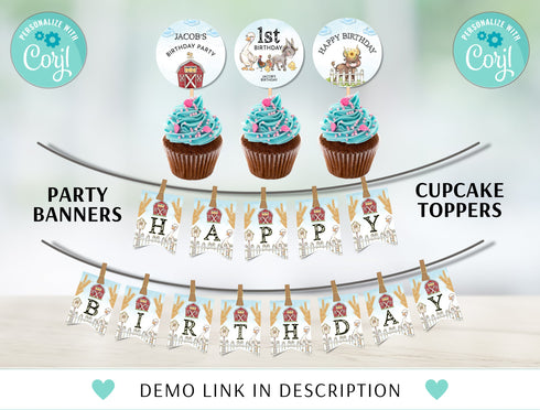 Farm Birthday Bundle, Boys 1st Birthday Invite, Farm Animals, Barn Animals, Barnyard, Ranch, Printable First Birthday Party Decor Ideas