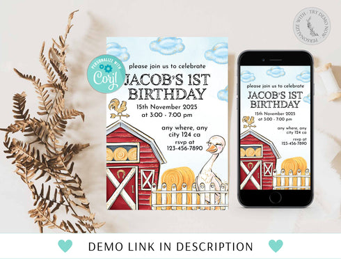 Farm Birthday Bundle, Boys 1st Birthday Invite, Farm Animals, Barn Animals, Barnyard, Ranch, Printable First Birthday Party Decor Ideas