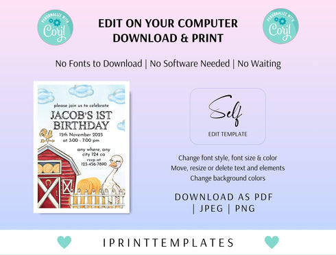 Farm Birthday Bundle, Boys 1st Birthday Invite, Farm Animals, Barn Animals, Barnyard, Ranch, Printable First Birthday Party Decor Ideas