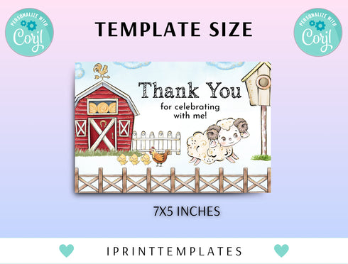 Farm Birthday Thank You Card, Farm Animals Thank You Note, Farm Thank You Note, Farm Thank You Card, Instant Download, Corjl