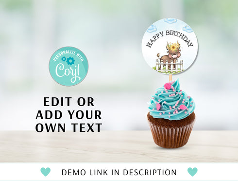 Editable Farm Birthday cupcake toppers, Boy Barn Party, Digital, Farm Animals Barnyard Decorations INSTANT DOWNLOAD printable