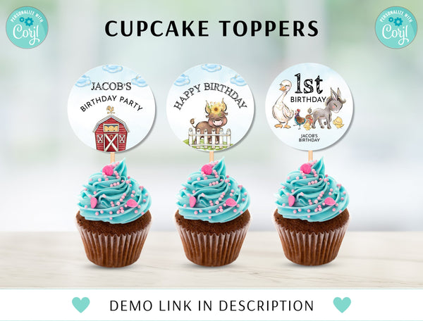 Editable Farm Birthday cupcake toppers, Boy Barn Party, Digital, Farm Animals Barnyard Decorations INSTANT DOWNLOAD printable