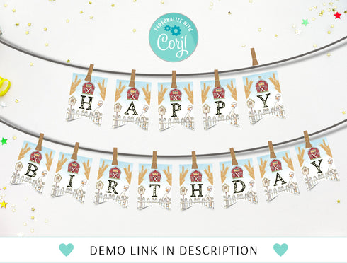 Editable Farm Banner, Happy Birthday Banner, Boy Printable 1st Birthday Bunting Banner, Farm Animals Custom Birthday Banner, Printable