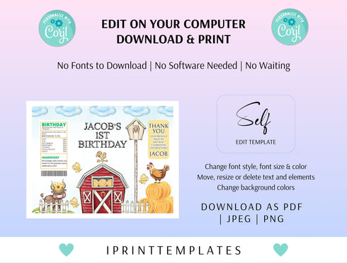 Editable Farm Chip Bag Wrapper, Farm Birthday Decorations, Farm Animals Theme Party Printable Labels, Barnyard Chip Bag Labels, Corjl