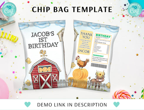 Editable Farm Chip Bag Wrapper, Farm Birthday Decorations, Farm Animals Theme Party Printable Labels, Barnyard Chip Bag Labels, Corjl