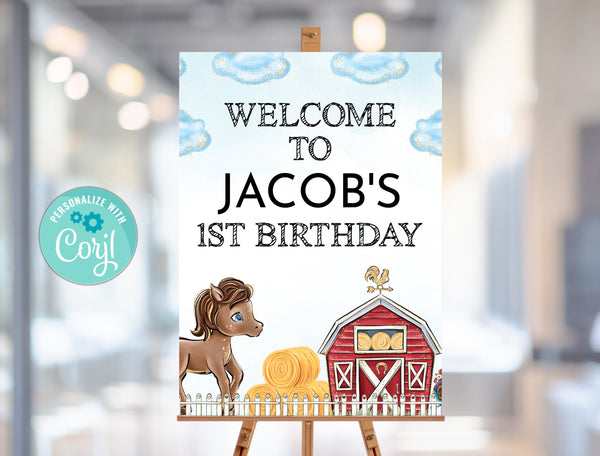 Editable Farm Birthday Party Welcome Sign, Printable Barnyard Animals Birthday Welcome Sign Template, Digital Download, Farm Birthday Sign