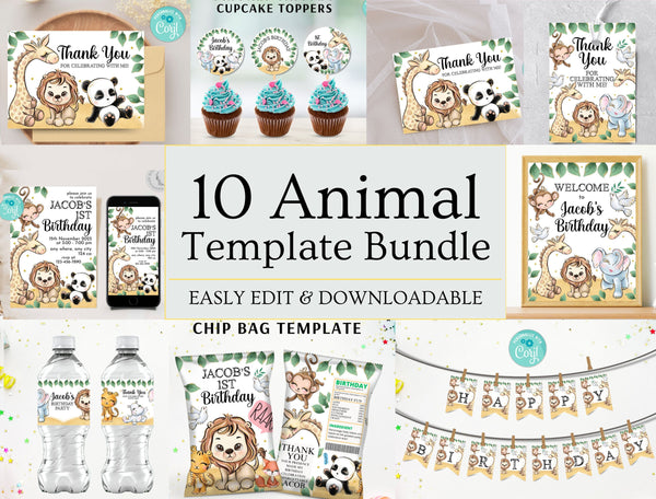 Editable Safari Birthday Invitation Bundle Template, Safari Welcome Custom Sign, Safari Label, Safari Party Decor, Safari Birthday