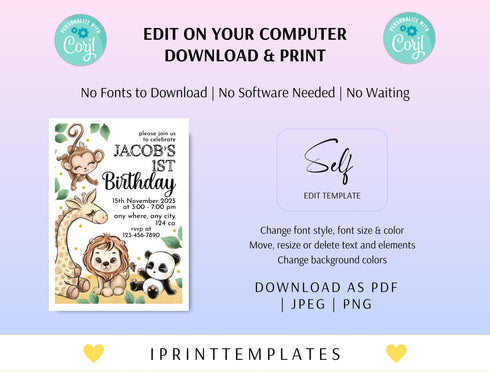 Editable Safari Birthday Invitation Bundle Template, Safari Welcome Custom Sign, Safari Label, Safari Party Decor, Safari Birthday