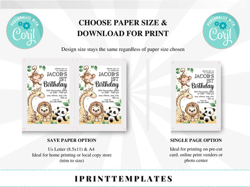 Editable Safari Birthday Invitation, Wild One 1st Birthday Invite, Jungle Animals Invitations, Printable Template, Jungle Birthday Boy