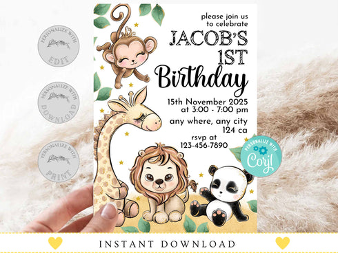 Editable Safari Birthday Invitation, Wild One 1st Birthday Invite, Jungle Animals Invitations, Printable Template, Jungle Birthday Boy