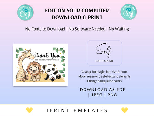 Editable Safari Birthday Thank You Card, Boy Wild One 1st Birthday Note Card, Gold Jungle Animals Printable Template Instant Download