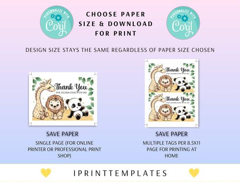 Editable Safari Birthday Thank You Card, Boy Wild One 1st Birthday Note Card, Gold Jungle Animals Printable Template Instant Download
