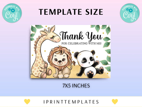 Editable Safari Birthday Thank You Card, Boy Wild One 1st Birthday Note Card, Gold Jungle Animals Printable Template Instant Download