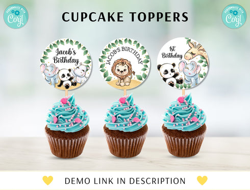 Editable Safari Birthday Cupcake Toppers, Jungle Animals Party Decorations, Safari Cupcake Toppers Instant Download Printable Digital