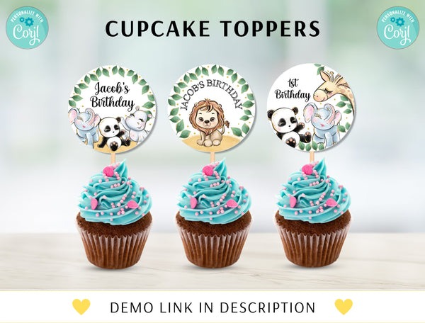 Editable Safari Birthday Cupcake Toppers, Jungle Animals Party Decorations, Safari Cupcake Toppers Instant Download Printable Digital