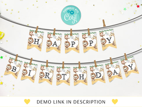 Safari Animals Happy Birthday Banner, EDITABLE Wild One Party Decorations, Jungle Animals Birthday Banner, Safari, Instant Download