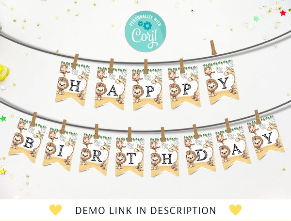 Safari Animals Happy Birthday Banner, EDITABLE Wild One Party Decorations, Jungle Animals Birthday Banner, Safari, Instant Download
