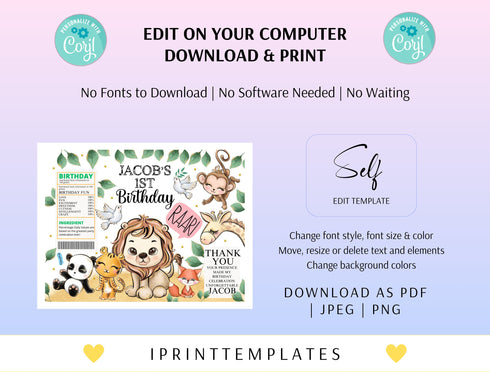 Safari Birthday Printable Chip Bag, Editable Safari Animals Favors Chip Bag Label, Jungle Safari Corjl Chip Bag Template, Instant Download