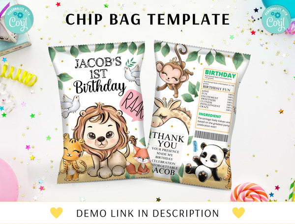 Safari Birthday Printable Chip Bag, Editable Safari Animals Favors Chip Bag Label, Jungle Safari Corjl Chip Bag Template, Instant Download