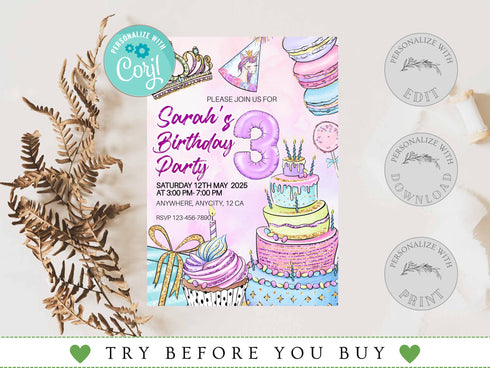 Editable Birthday Cake Party Invitation Template, Girls Birthday Party, Cake Birthday Invite, Sweet Candy Party Invite, Printable