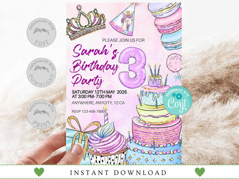 Editable Birthday Cake Party Invitation Template, Girls Birthday Party, Cake Birthday Invite, Sweet Candy Party Invite, Printable