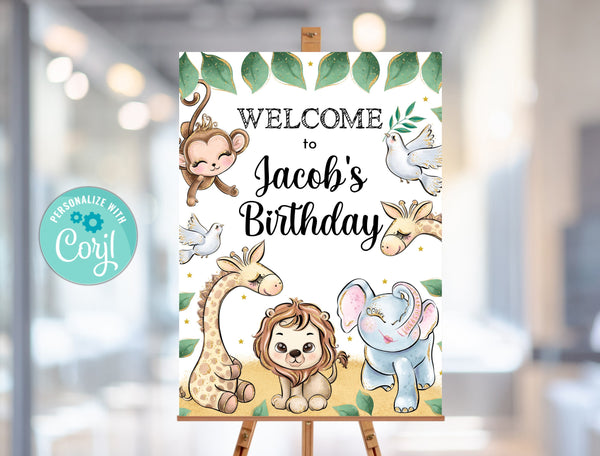 Editable Safari Birthday Welcome Sign,boy Jungle Animals Birthday Sign, Gold Wild One Theme Digital Instant Download, Corjl