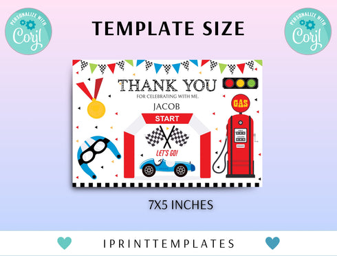 Race Car Thank You Card, Editable Birthday Thank You Card, Racecar 6th Birthday Note Card, Racing Car, Racecar Printable Instant Download