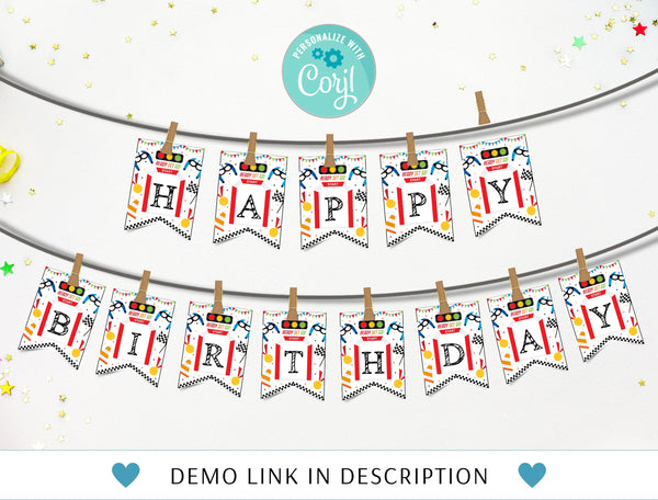 Editable Race Car Birthday Banner, Racing Birthday Party Decor, Boys Bday Bunting Flag Template, Printable Birthday Banner, Instant Download