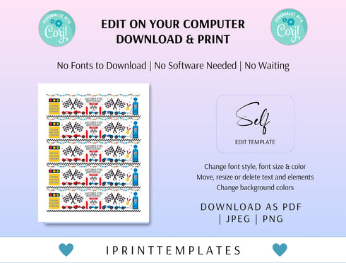 Race Car Birthday Printable Water Bottle Labels, Personalized Racecar Water Bottle Labels, Racing Car Vintage Template Digital Download