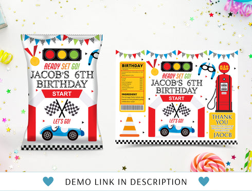 Editable Race Car Chip Bag Label, Racecar Party Labels, Racing Car Birthday Party Decor, Racing 6th Birthday, Printable Digital Download