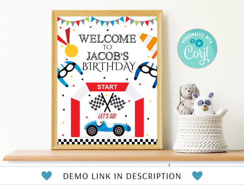 Editable Race Car Birthday Party Welcome Signs, Racecar Welcome Sign Decorations, Racing Birthday Party Sign Instant Download, Printable