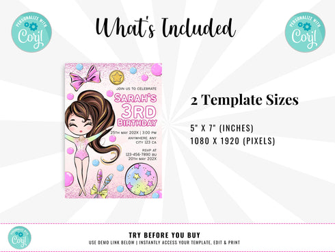 Editable Gymnastics Invitation, Gymnastics Party Invite, Girls Gymnastics Invitation, Gymnastics Birthday Party Invite, Instant Download
