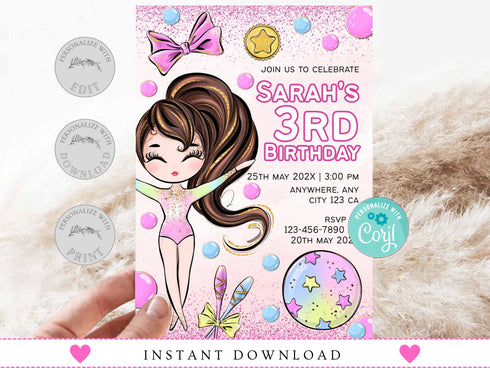 Editable Gymnastics Invitation, Gymnastics Party Invite, Girls Gymnastics Invitation, Gymnastics Birthday Party Invite, Instant Download