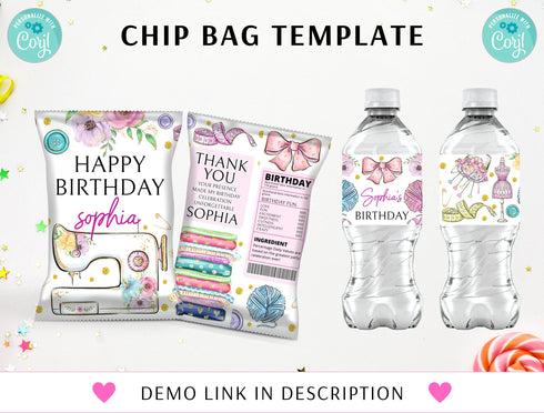 Editable Sewing Birthday Invitation Bundle Template, Sewing Welcome Custom Sign, Sewing Label, Sewing Party Decor