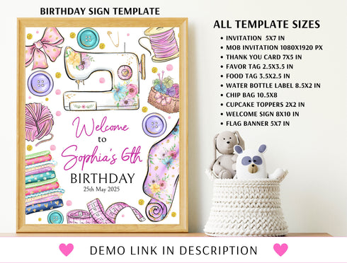 Editable Sewing Birthday Invitation Bundle Template, Sewing Welcome Custom Sign, Sewing Label, Sewing Party Decor