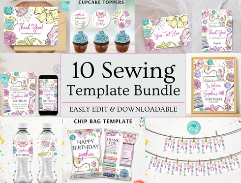 Editable Sewing Birthday Invitation Bundle Template, Sewing Welcome Custom Sign, Sewing Label, Sewing Party Decor