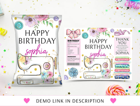 Sewing Chip Bag Label Template, Editable Chips Wrapper, Party Favor, Girl Sewing Birthday Party, Sewing, Instant Download