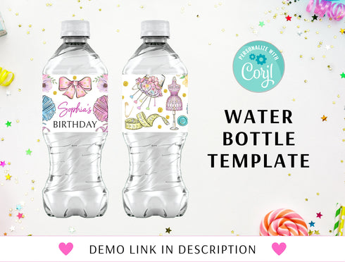 Sewing Water Bottle Label Template, Editable Bottle Wrapper, Party Favor, Sewing Birthday, Sewing Party, Instant Download