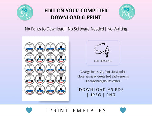 Editable Race Car Cupcake Toppers, Favor Tags Birthday Party Decoration, Vintage Car Birthday, Race Car Download Digital